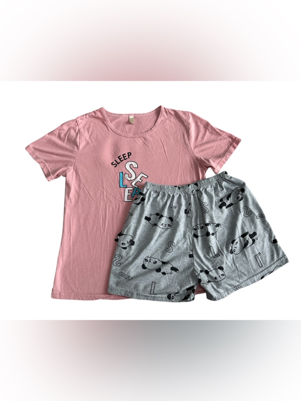 Pink 'Sleep' Graphic Tee and Gray Panda Print Shorts Pajama Set, Size Youth XL